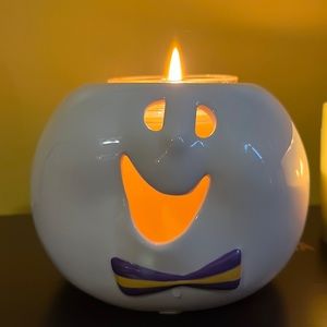 Ghost tea light candle holder with purple and yellow bow tie